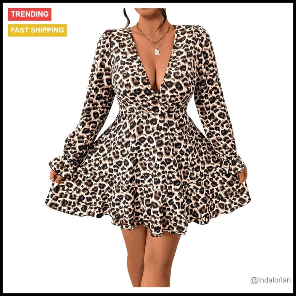 Plus Size Cheetah Print A-Line Dress Long Sleeve V-Neck Ruffle Hem Party